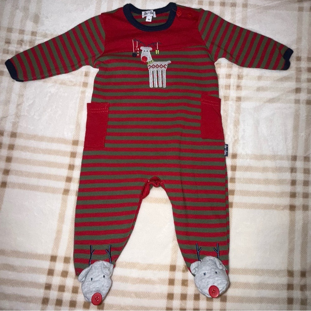 Le Top Baby Boys Reindeer Christmas Footed Romper Red Green Striped 3M